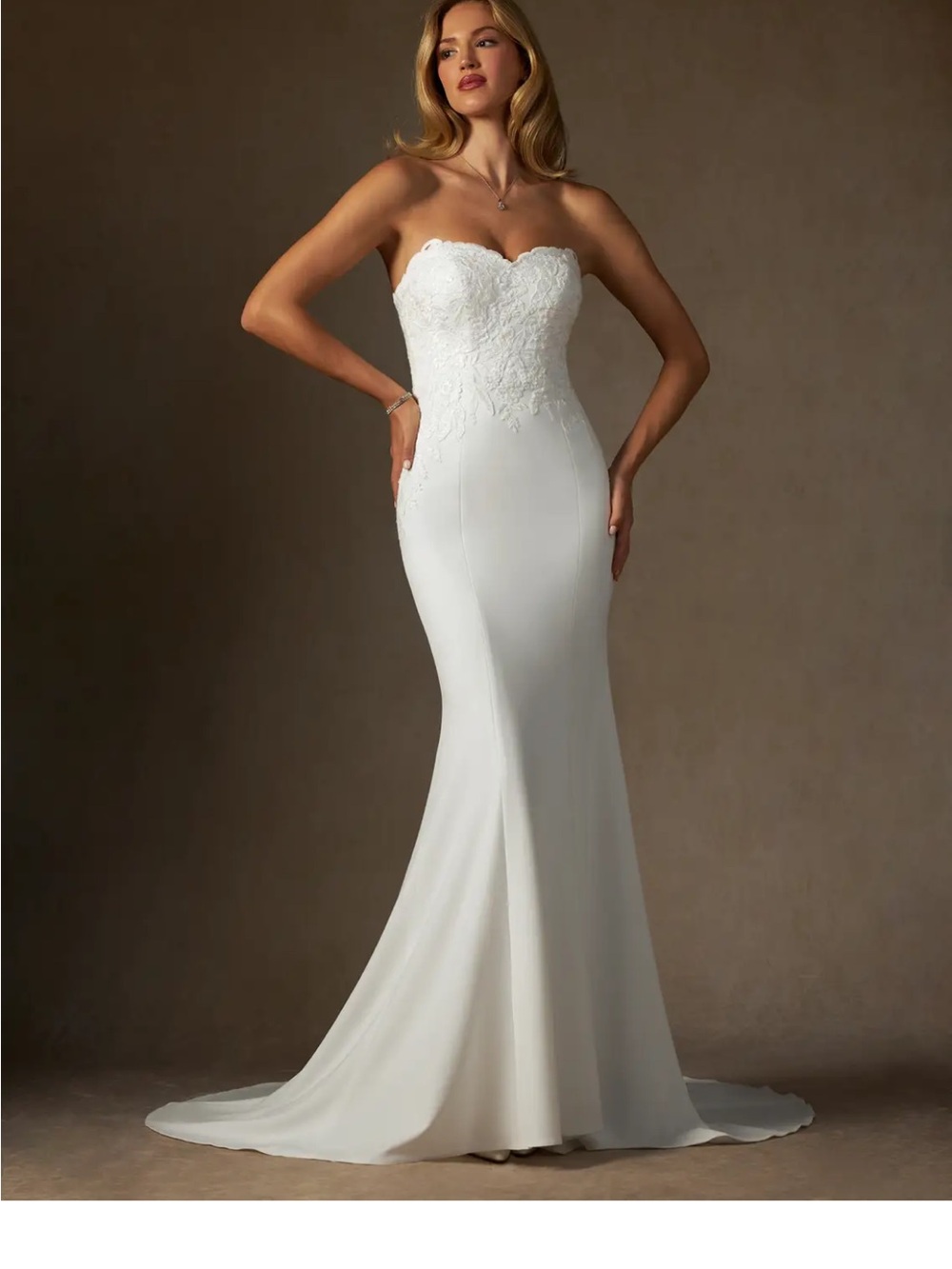 Azazie Strapless White Wedding Dress with Lace Bodice